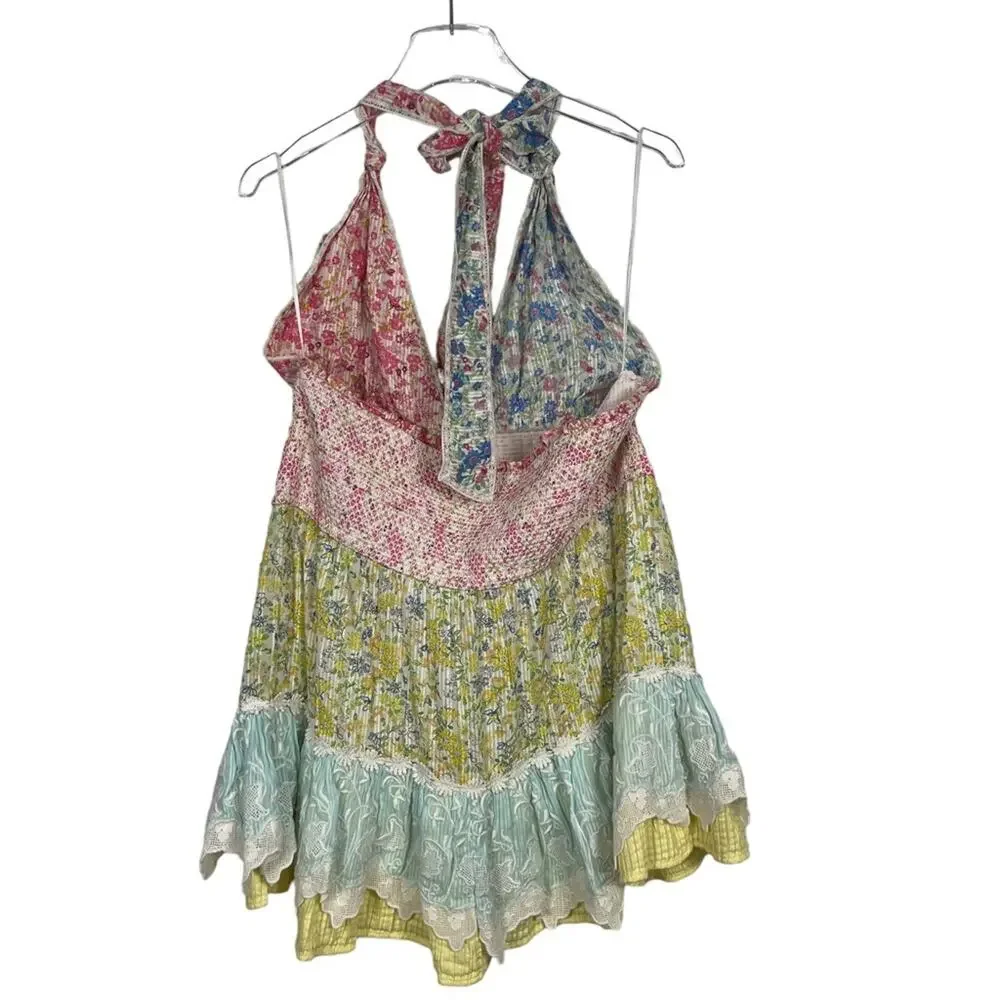 Love Shack Fancy Cambria Colorblock Tiered Halter Mini Dress Size XXL NEW
